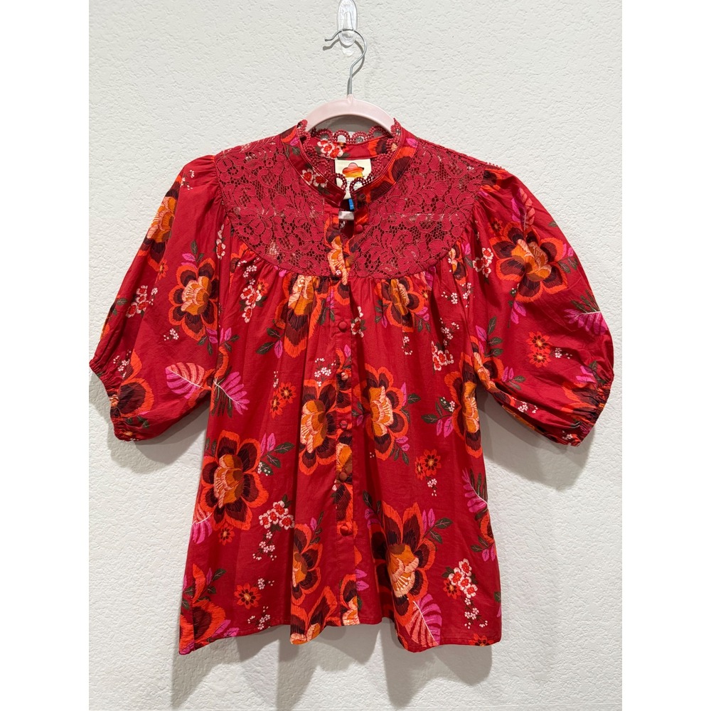 Farm Rio Floral Lace Blouse Red XS Puff Sleeve Button up Boho Lightweight Cotton - Picture 2 of 11
